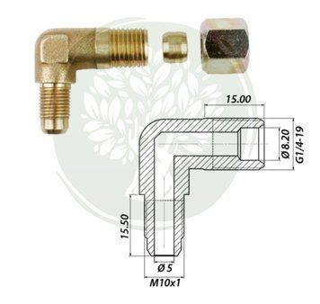 Кутник 90 град М10х1 D5/ М10х1 D6 (бонка + гайка) 1188 фото