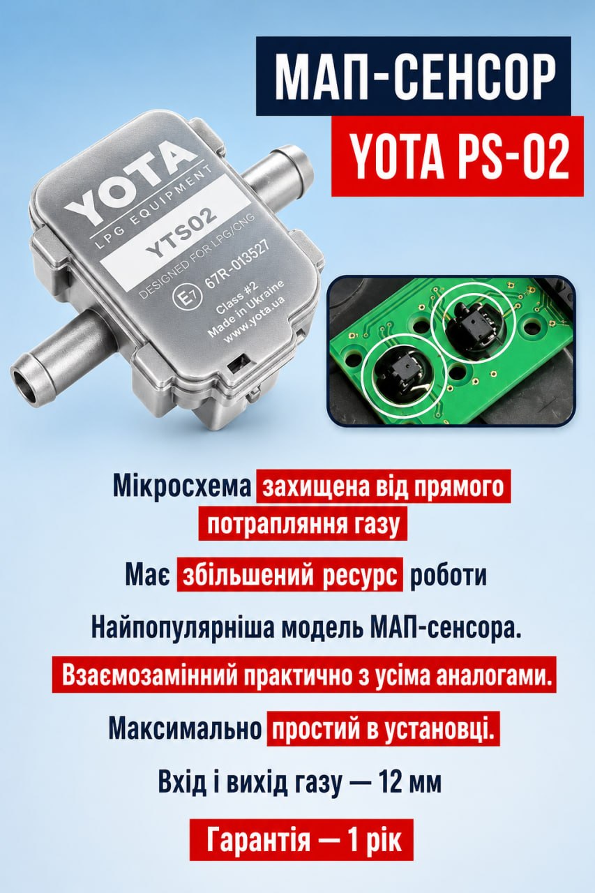 MAP-сенсор YOTA PS-02 для ГБО з входом і виходом газу 12 мм, захищеною мікросхемою та гарантією 1 рік